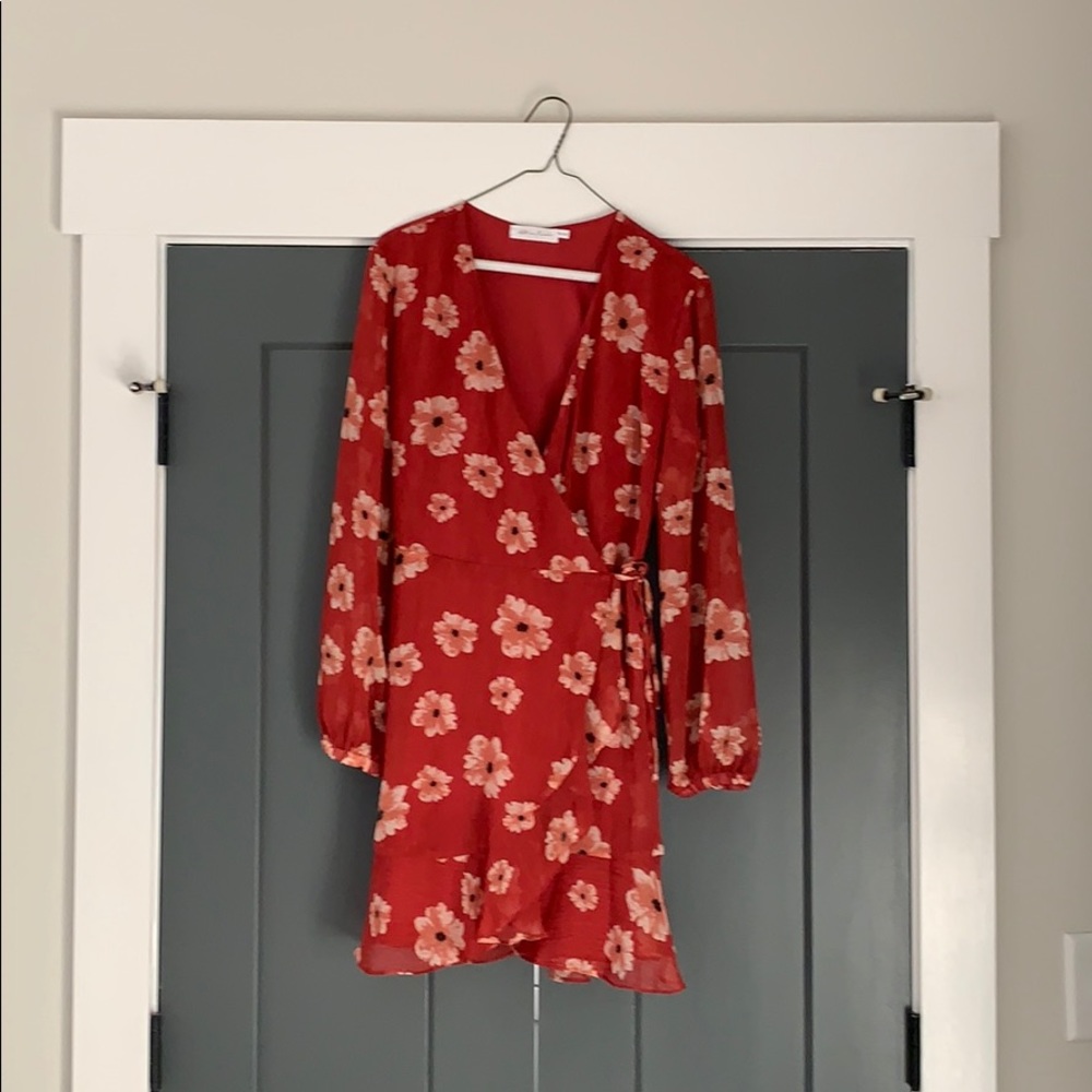 All in Favor red, floral wrap dress